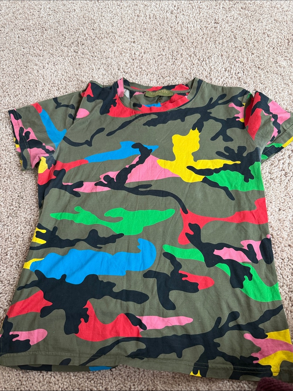 Valentino Multicolor Camo Tee - Olive with Pink, Blue, Yellow, Green, Red, Black